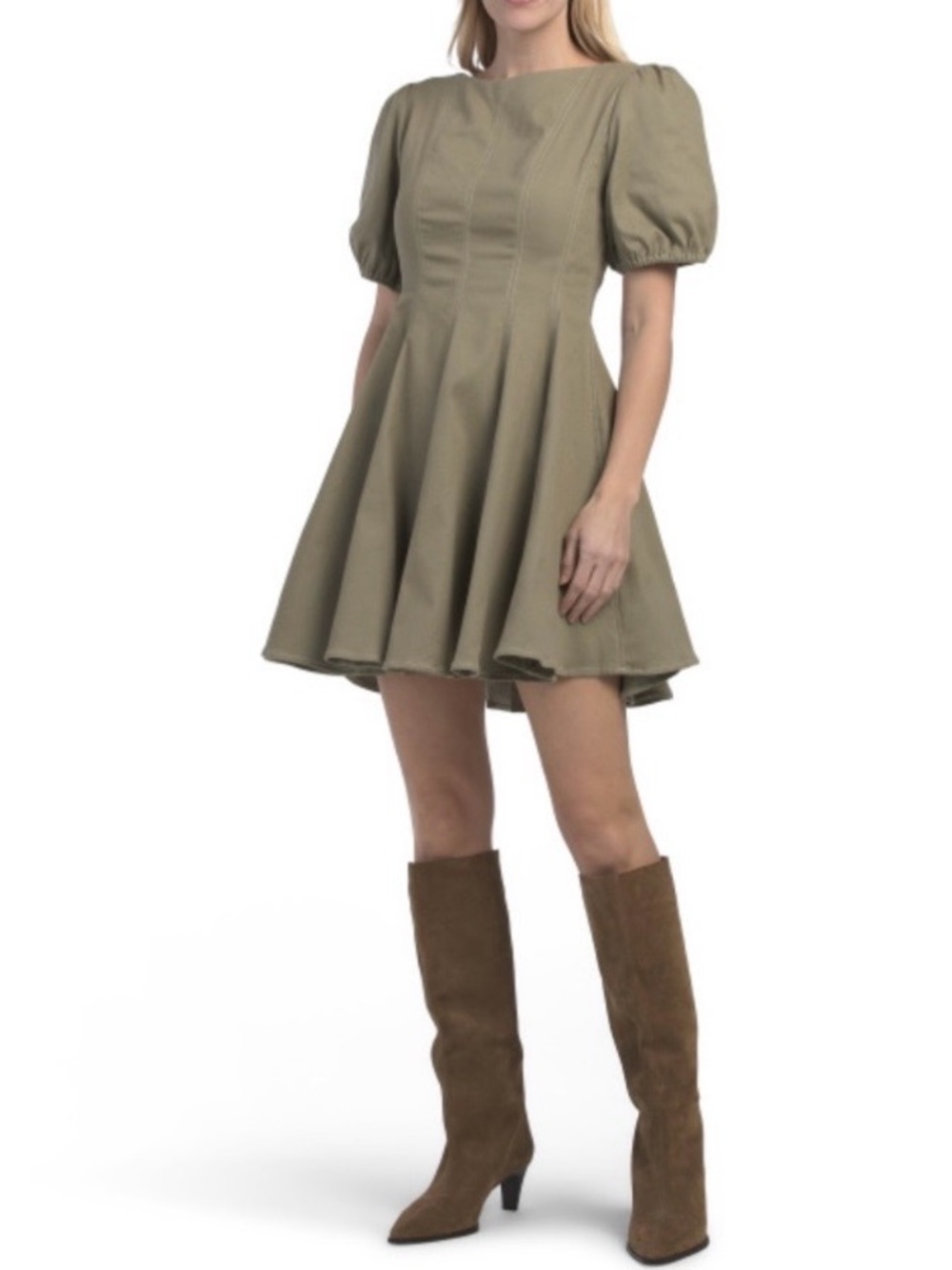 Puff-Sleeve Mini Dress in Olive - Women, Size Large